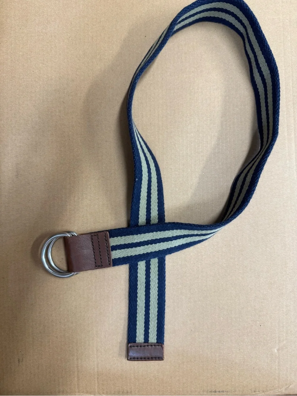Hanna Andersson navy and sage green striped belt with brown leatherz S / M